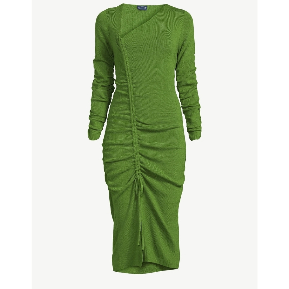 Scoop Midi Ruched Sweater Dress W/ Adjustable Side Slit, Green, Sz M, EUC